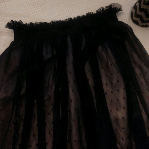 Skirt used with tulle on satin salmon base and black polka dots