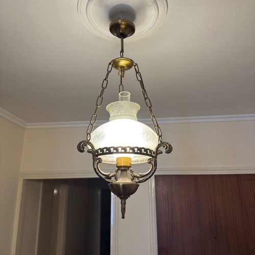Ceiling light brass with glass shade like new