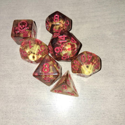 Amber skull D&D dice set with dice bag