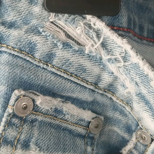 Miss Denim denim jeans used, bell-bottom, size 28, light wash with rips