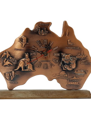 Vintage copper clock map of Australia with wooden stand, quartz
