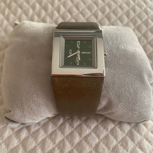 DKNY women's watch with square dial and khaki leather strap like new