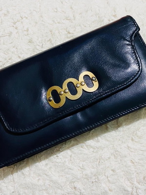 Vintage leather wallet used, dark blue with gold detail