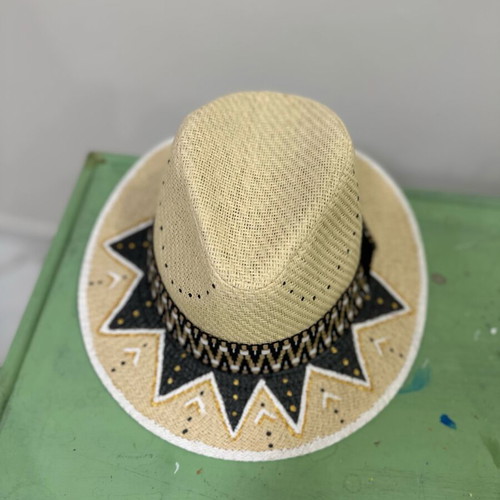 Hand Painted Straw Hat new, adjustable size, black and beige