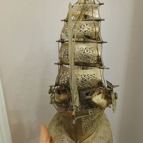 Vintage perforated metal boat lamp with lighthouse, used