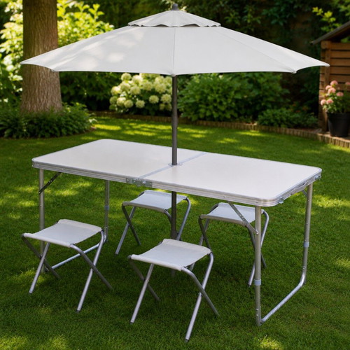 Folding table with 4 chairs and umbrella hole, new, white