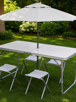 Folding table with 4 chairs and umbrella hole, new, white