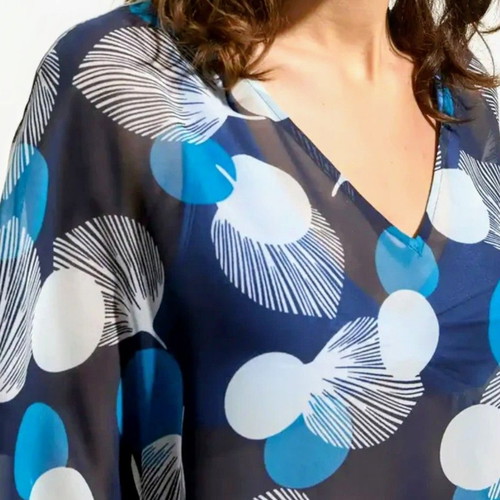 Bonprix chiffon tunic blue with turquoise and blue circles and feathers, size 44/46