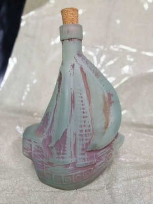 Glass bottle ship-shaped handmade from recycled glass new