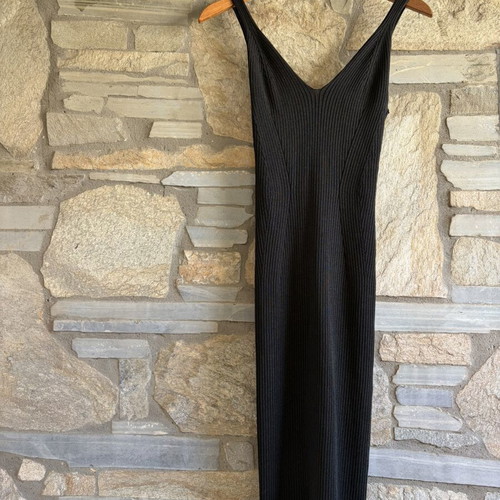 H&M Black Ribbed Lurex Midi Dress Scoop Neck fitted bodycon, like new
