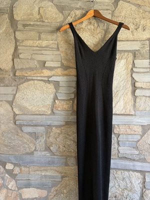 H&M Black Ribbed Lurex Midi Dress Scoop Neck fitted bodycon, like new