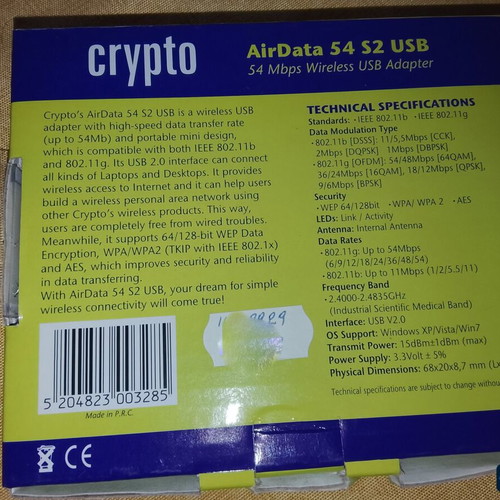 Crypto USB Wireless Adapter Data Transfer Up to 54Mbps Like New