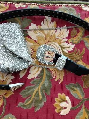 Black leather belt with buckle and lame bag like new