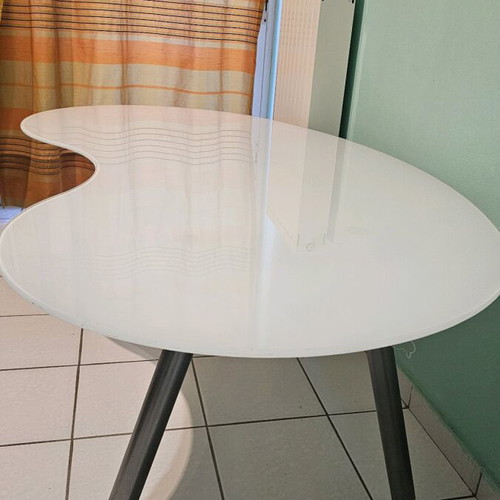 IKEA Galant desk used with glass bean-shaped curved surface