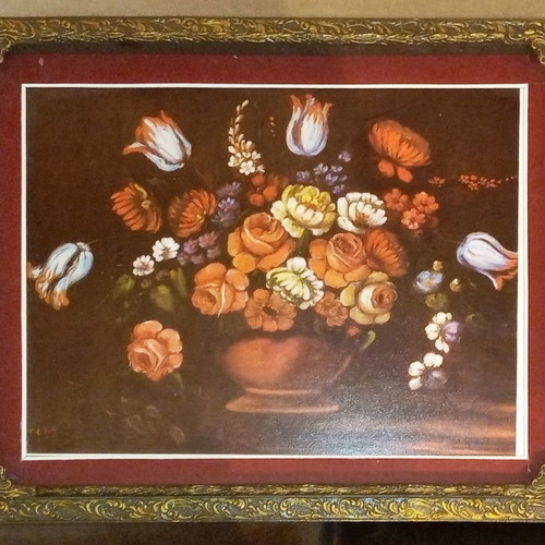 Painting with flowers used, signed Rene