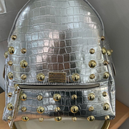 Elena Athanasiou silver backpack new, faux leather with gold studs
