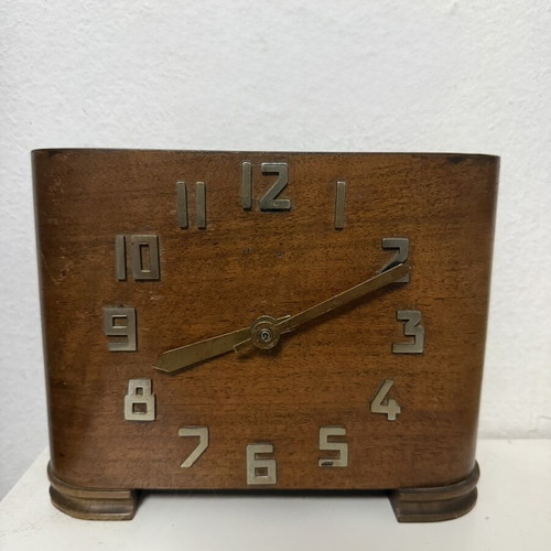 Vintage wooden mechanical table clock used, Art Deco design