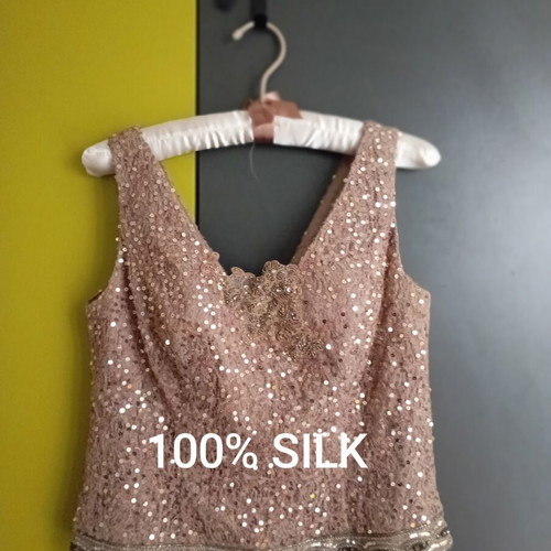 Handmade silk blouse with beads and sequins, S/M, beige, made in France