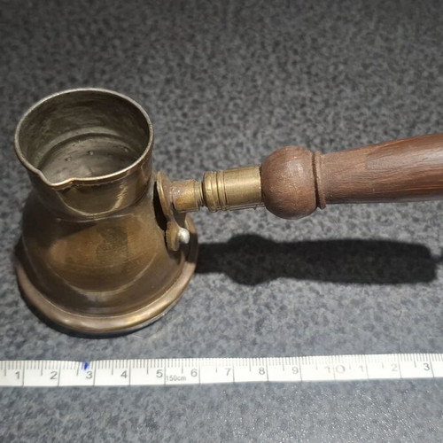 Brass cezve with wooden handle used, vintage Greek coffee pot