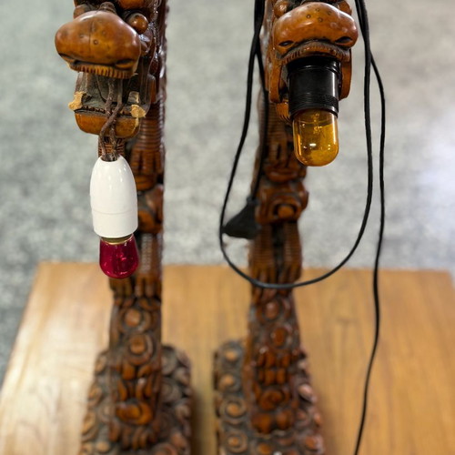 Handmade Wooden Table Lamps Set with Dragons and Eagle like new