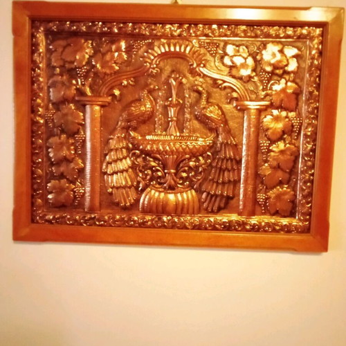 Vintage brass wall relief in wooden frame like new
