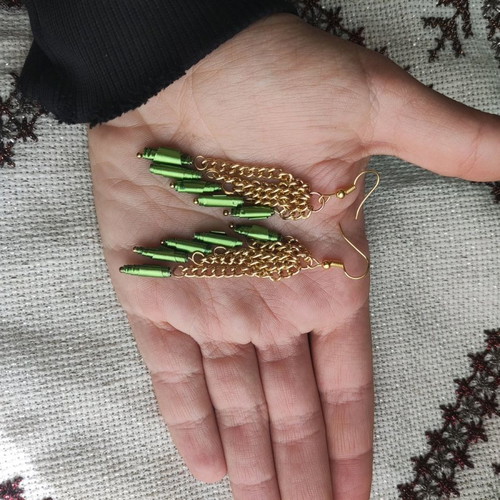 Handmade long earrings made to order with green recycled aluminum beads