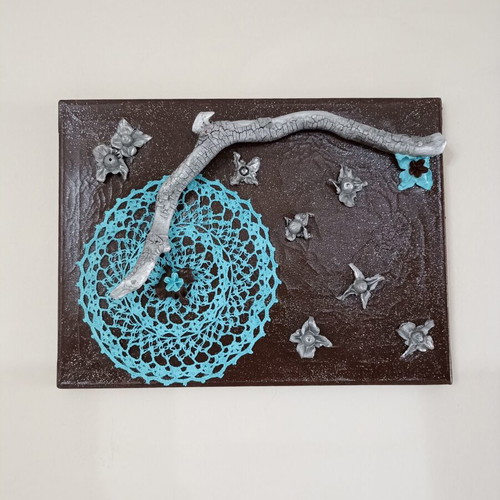 Handmade canvas frame with turquoise crochet and silver lotus stems, new