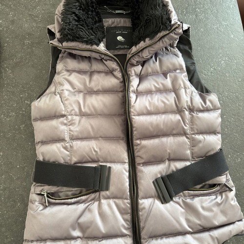 Zara Woman quilted puffer vest used, metallic taupe with black faux-shearling collar