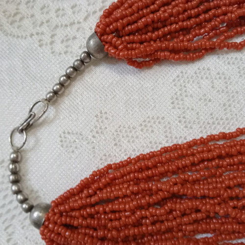 Multistrand necklace vintage '80, new, red and silver beads
