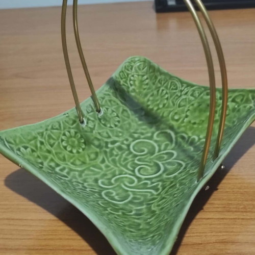 Vintage ceramic fondant dish used, olive green color