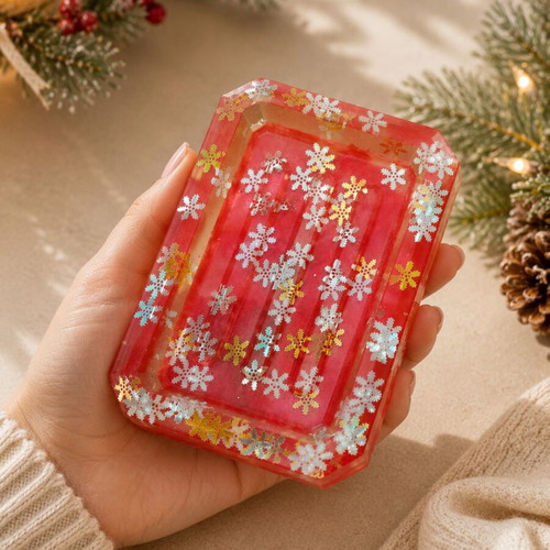 Handmade Resin Soap Dish Winter Magic deep red with iridescent snowflakes