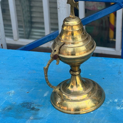 Old bronze table censer with cross, used, 19 cm