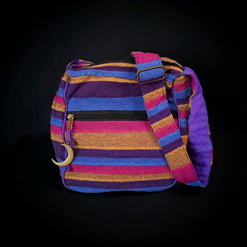 Cotton Sling Bag new, pink and multicolored with copper moon charm