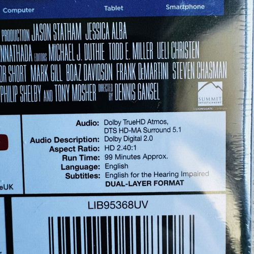Mechanic Resurrection Blu-ray with English subtitles, brand new