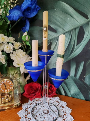 Neckermann candleholder for 3 candles new, white metal and blue glass