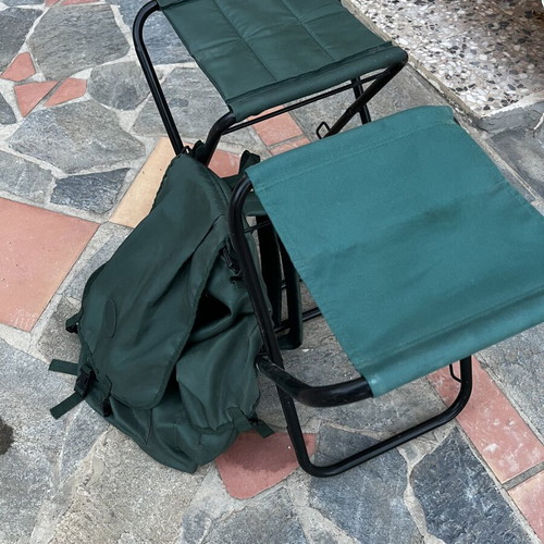 Camping set with 2 folding stools and backpack used