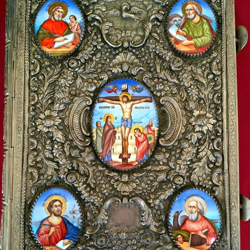Russian Silver Handmade Gospel with Enamel Decoration and Heavy Cover