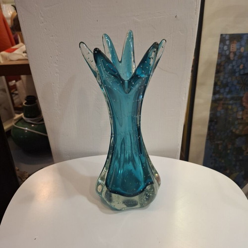 Teal Bubble Sommerso Seguso Murano glass vase used, 1970s Italy