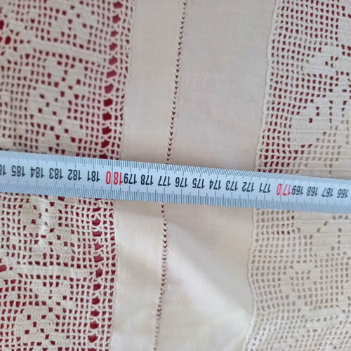 Handmade Beige Tablecloth with Crochet and Azur, like new, 193x188 cm