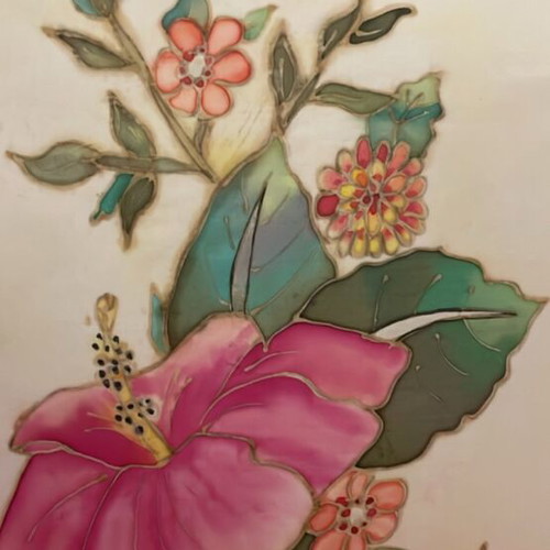 Hand-painted all-silk pillow with hibiscus new