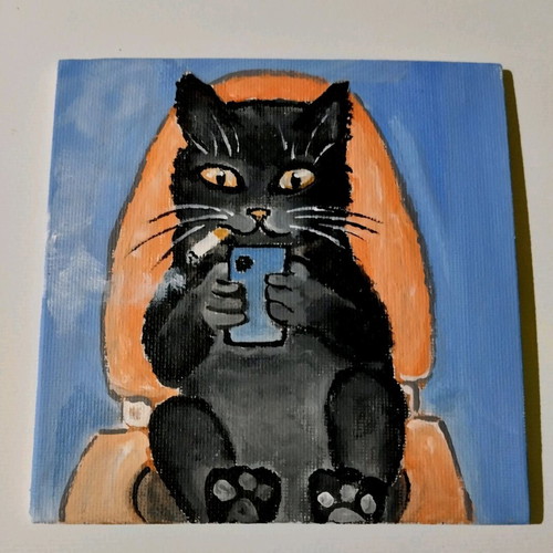 Canvas painting with cat motif new, acrylic 13×13 cm
