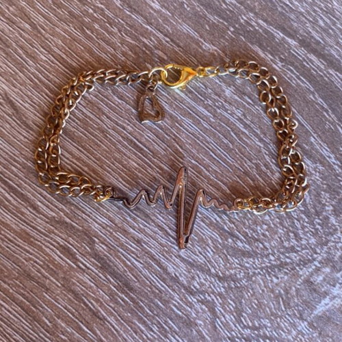 Bracelet handmade heartbeat with double chain and decorative heart in pink-gold