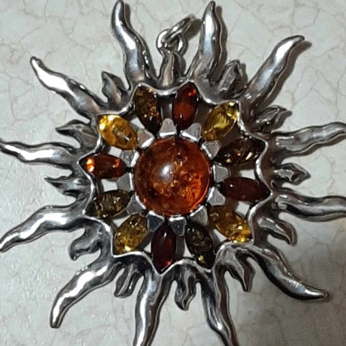 Sun pendant with Baltic amber in 925 silver, new, unworn