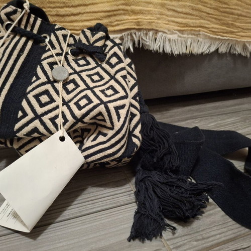 Stefanel Jacquard bucket bag, black and beige