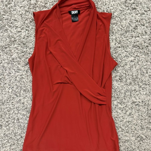 DKNY sleeveless blouse with draped wrap design, size M, like new