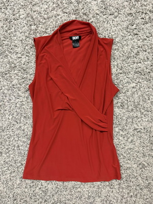 DKNY sleeveless blouse with draped wrap design, size M, like new