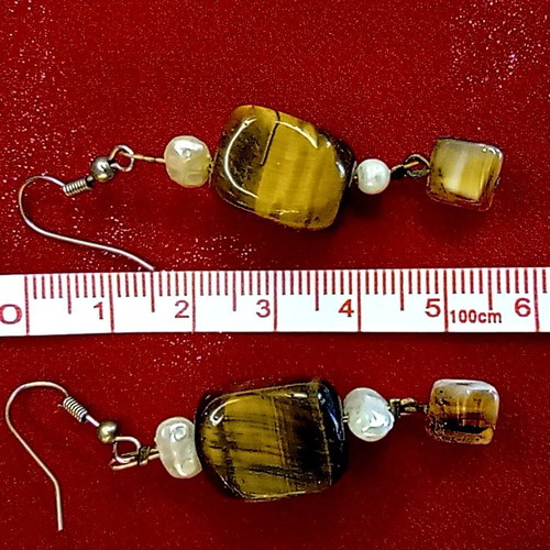 Vintage Handmade Tiger's Eye And Pearl Earrings 6 cm, like new