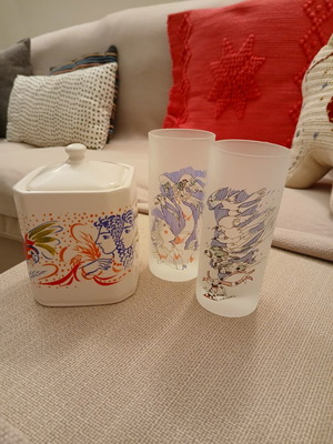 Collectible water glasses by Mytaras and ceramic coffee container with lid by Stathopoulos