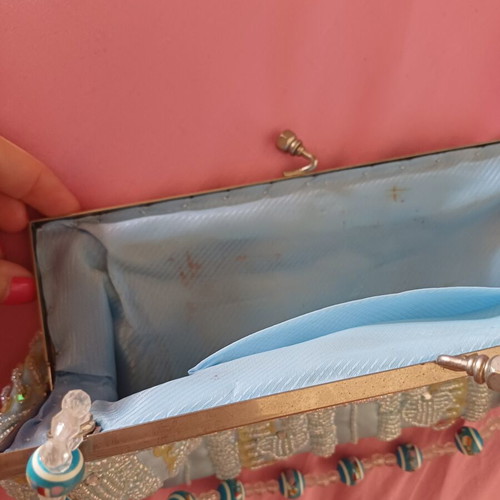 Handbag new, blue with beaded strap
