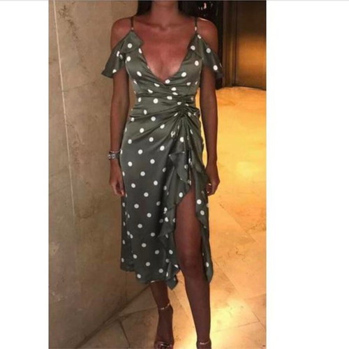 Zara Satin Khaki Polka Dot Open Shoulder Midi Dress Size Medium like new